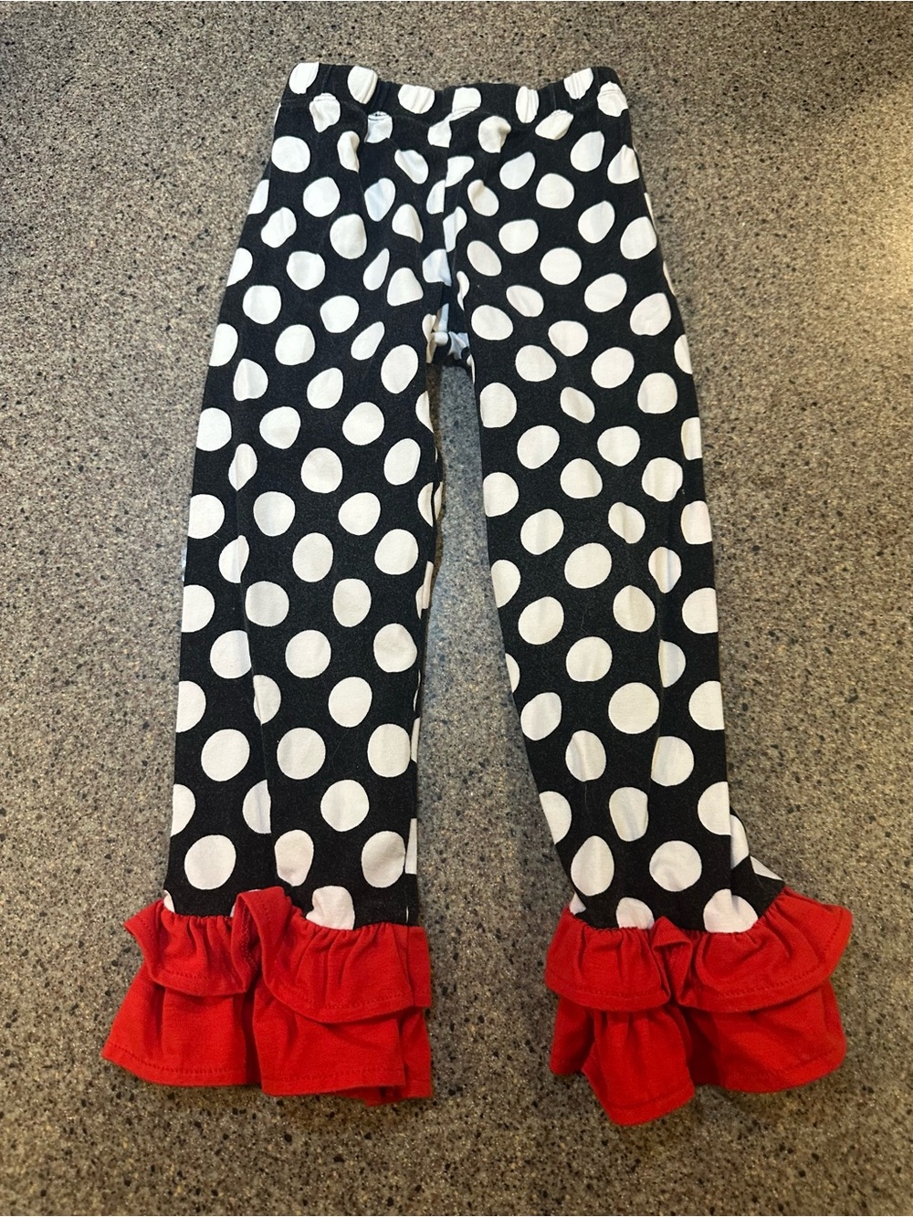Black & White Polka Dot Ruffle Hem Pants with Red Trim